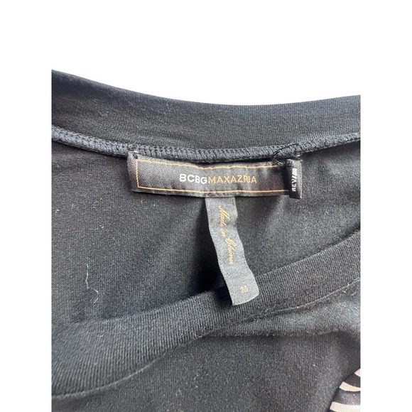 BCBGMAXAZRIA Dress Womens Medium Black White Stripe Ruched Sheath Short Sleeve - Picture 4 of 9